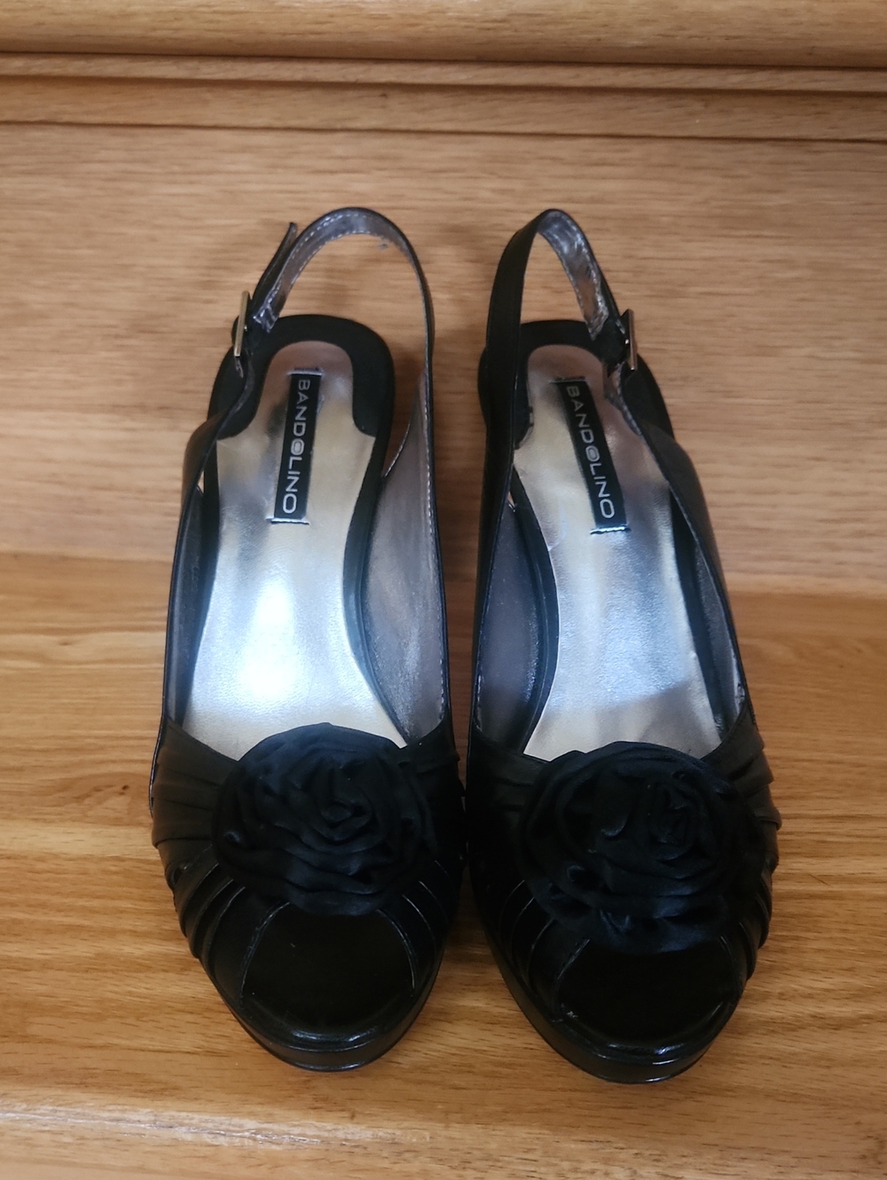 Bandolino Black Slingback Peep-Toe Heels with Floral Rosette